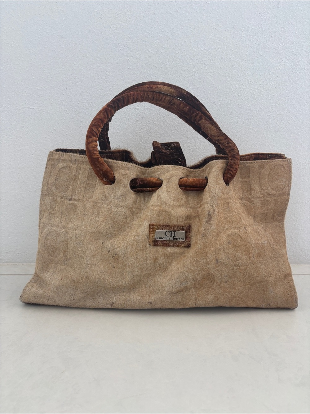 Carolina Herrera Tan Canvas Tote with Brown Leather Trim